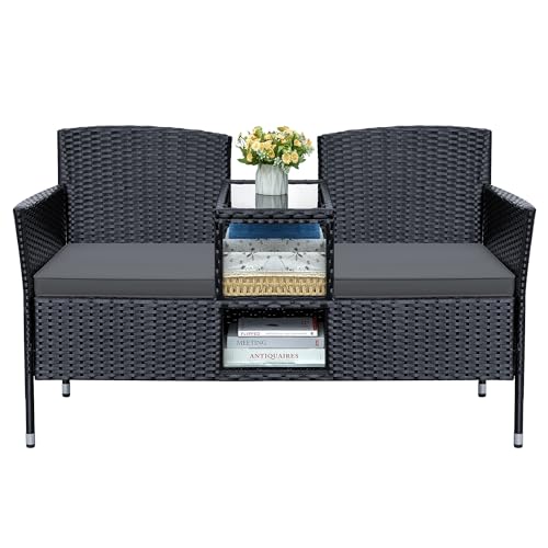 Patio Loveseat Outdoor Wicker Furniture Conversation Set with Soft Cushions & Built-in Coffee Table for Lawn Garden Backyard, Gray