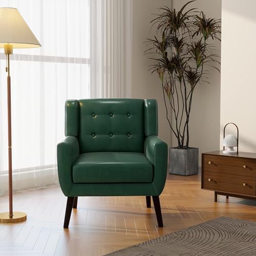Accent Chair, Mid-Century Modern PU Leather Chairs with Arms for Living Room, Comfy Upholstered Club Single Sofa Armchair for Bedroom Waiting Room with Solid Wood Frame(Leather Green, Set of 1)