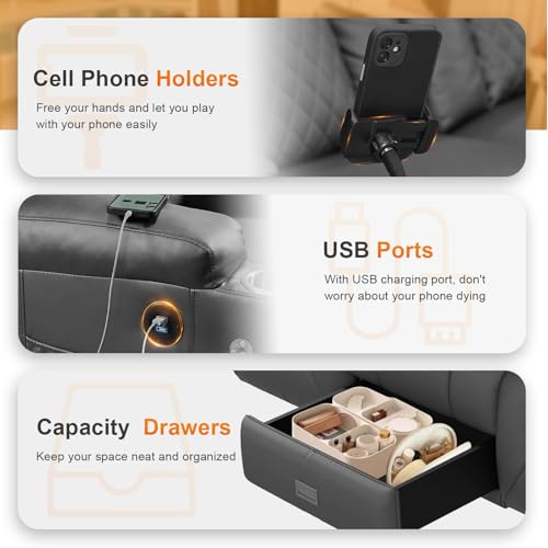 Loveseat Recliner Sofa, 3 Seater Dual Reclining Sofa with Flip Back Console, Modern PU Leather Loveseat Couch for Living Room/RV, with Storage, USB Ports, Cup Holder, Cell Phone Holder, Gray