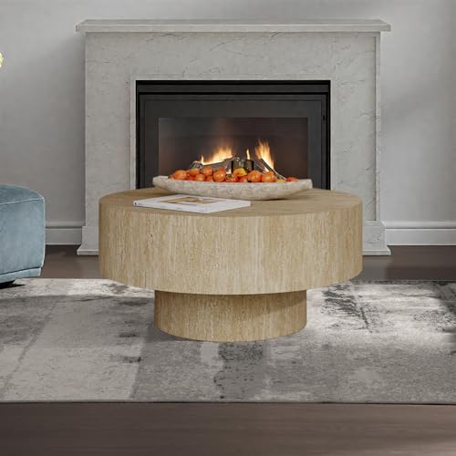 Travertine Coffee Table, Round Coffee Table Farmhouse Small Circle Wood Center Tables Mid Century Modern Low Circular Tea Tables for Living Room Apartment Easy Assemble,Round