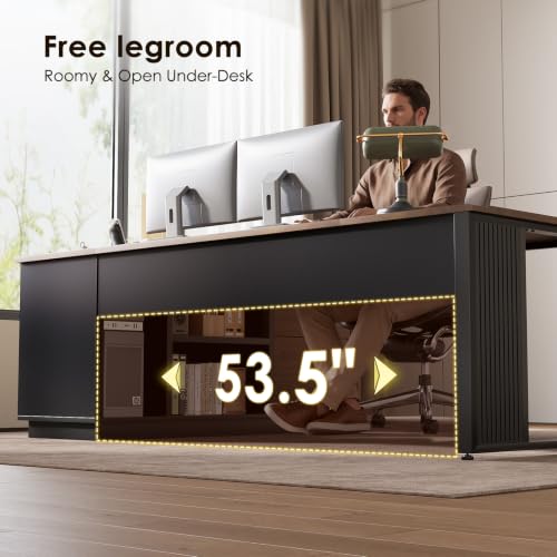 Executive 71 Inch L Shaped Desk with File Cabinet, Walnut+Black, view 7