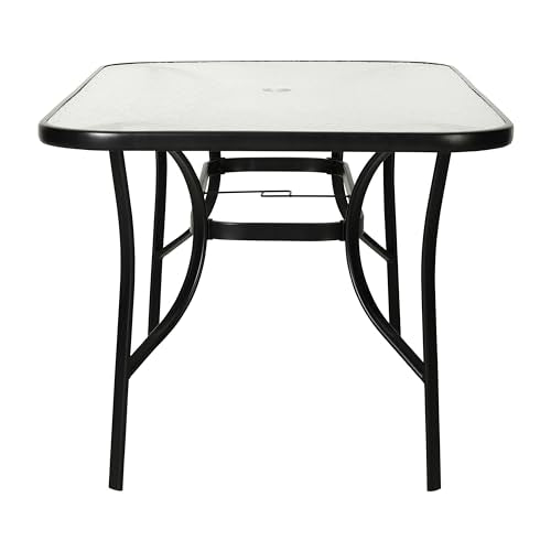 Tory Rectangle Patio Table with Umbrella Hole, Commercial All-Weather Table with Heat Resistant Tempered Glass, Steel Tube Frame, 35x 59, Black