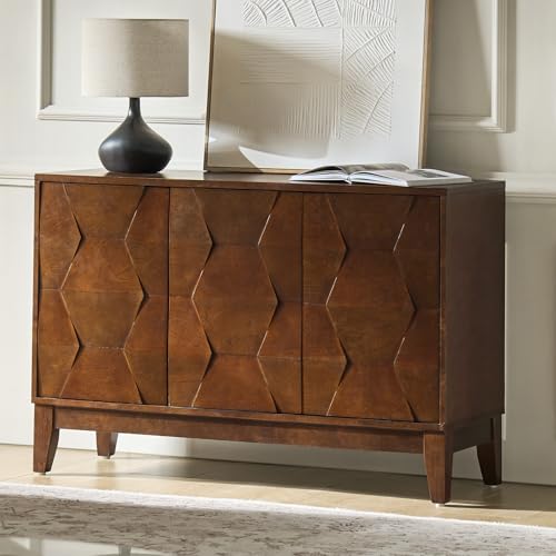 Modern Kitchen Buffet Cabinet Storage Sideboard with 3D Geometric Design, Freestanding Floor Cabinet with 3 Doors & 2 Adjustable Interior Shelves for Living Room Dining Room Hallway,Walnut
