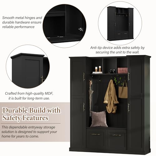 ON-TREND Farmhouse Elegant Hall Tree with 4 Side Cabinets, All-in-One Mudroom Furniture with Adjustable Shelves & Open Cubbies, Beadboard Entryway Bench with Coat Rack & 5 Hooks for Hallway, Black
