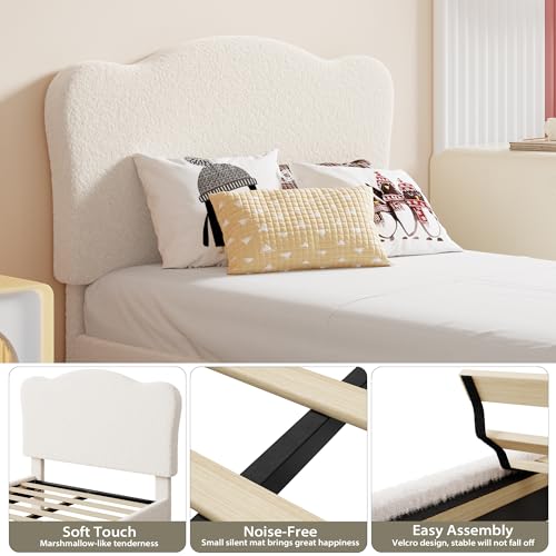 Upholstered Full Size Bed Frame for Kids with Scallop Headboard, Cute Velvet Full Bed for Girls, Boys, Sturdy Platform Bed, No Box Spring Needed, Wooden Slats, Noise Free, Beige