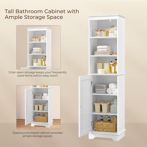 Yaheetech Tall Slim Storage Cabinet with 3 Shelves & Door, Freestanding Linen Cabinet for Bathroom, Living Room, Entryway, 16 x 12 x 60.5 Inches, White