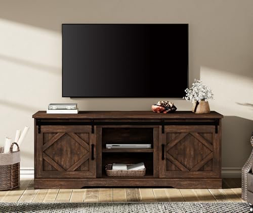 25.6"H Farmhouse TV Stand for 75" TV with Barn Doors& Hidden Storage | 66.1" W Rustic Country-Style TV Cabinet with Smooth Barn Door Slides,Holds 135+ CDs,Height-Adjustable Media Shelf