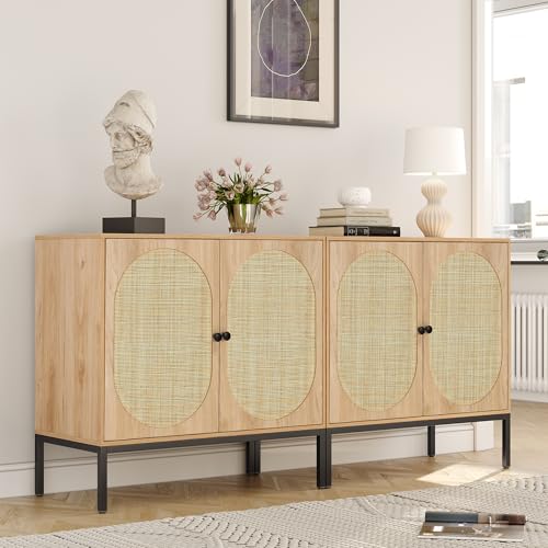 Set of 2 63" Sideboard Cabinet with Natural Rattan Hand-Woven Doors, Rattan Cabinet, Accent Buffet Storage Console Cane Credenza, for Living Room Entryway, Metal Legs/Natural