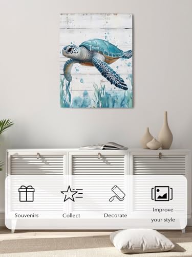 NuYeBiofx Ocean Blue Turtle Wood Grain Canvas Wall Art Prints,48"x32" Framed Picture Artwork Teal Marine Life Seaweed Printed Canvas Oil Painting for Living Room Bedroom Office,Ready to Hang