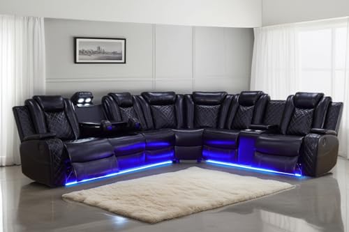 Power Recliner Sectional Sofa Set with LED Light, Leather Reclining Sectional Couches Corner Sectional Sofa Set with 2 Recliner Seats for Living Room with Cup Holder, Storage Console, Black