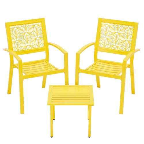 3 Piece Patio Bistro Set, Outdoor Steel Furniture Set, Stackable Modern Conversation Sets for Balcony Garden Deck Patio w/2 Chairs 1 Table, Yellow