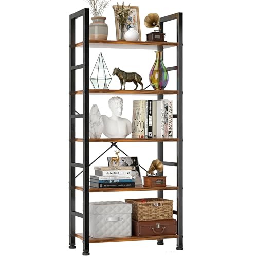 5 Tier Bookshelf, Free Standing Wooden Bookcase with Open Storage Shelves with Metal Frame, Sturdy Shelf Organization Display Rack for Living Room, Bedroom, Home Office, 62.2" Tall, Brown