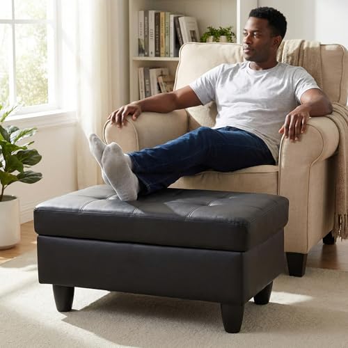 Large Faux Leather Ottoman Foot Rest Stool with Storage,33 in x 22 in x 17 in Stylish Storage Bench for Living Room and Bedroom Accent Piece (Black-Leather)