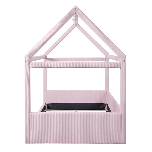 Pink, Full Size Upholstered House Daybed with LED Light Strips
