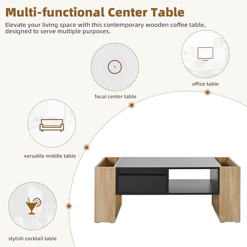 Modern Coffee Table with Storage, High Gloss Black and Natural Wood Finish, Living Room Center Table with 2 Drawers and Open Shelf, 41.3x23.6x15.7 Inches (Black Natural + Particle Board+MDF)