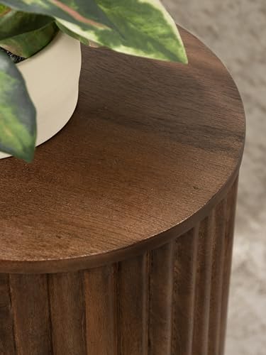 Reid Modern Wooden Ribbed Drink Table; 10 x 10 x 22; Walnut Brown; Solid Wood Mini Table for Use as Pedestal Plant Stand Indoors or Small Nightstand Option