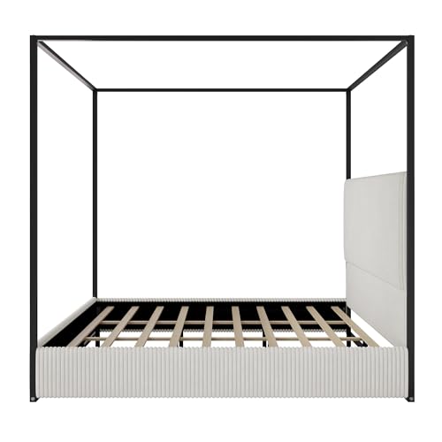 Luxury King Metal Canopy Bed with Tall Upholstered Headboard, White, view 6