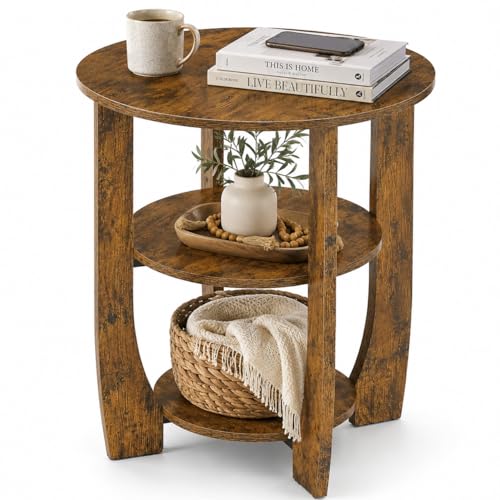 Round Side Table, 3-Tier End Table with Storage, 19.7 inch Rustic Brown Accent Table,Nightstand for Bedroom Living Room, Vintage Design for Couch, Sofa, Recliner, Small Space
