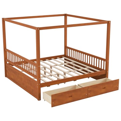 JIJIWANG King Canopy Bed with Storage Drawers & Four Poster Frame, Walnut, view 8