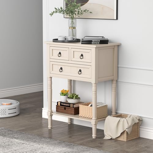 Entryway Table with Storage, Rustic Small Console Table w/ 3 Drawers & Open Bottom Shelf, Skinny Wood Console Table, Narrow Sofa Side Table for Living Room, Foyer, Hallway, Entry Table, Beige