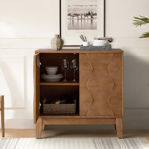 Mid Century Modern Buffet Cabinet with Solid Wood Legs, Adjustable Shelf Accent Cabinet, Storage Unit for Kitchen, Living Room, Dining, Hallway, 3D Geometric(Seadrift)