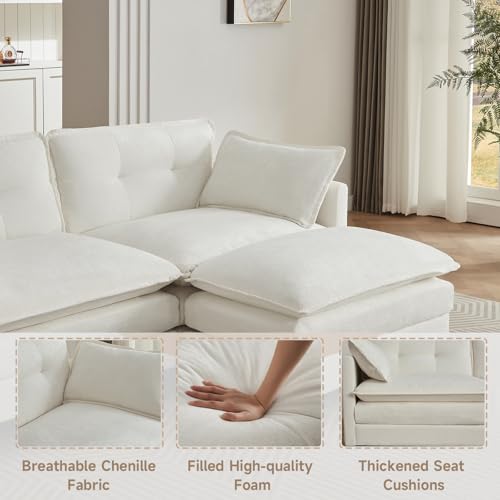 Modular Sectional Sofa, 111.5" U-Shaped Chenille Comfy Sectional Couches for Living Room, 3-Seater Cloud Couches with 2 Movable Ottomans, Flexible Combination Modern Deep Seat Sofa (Beige)