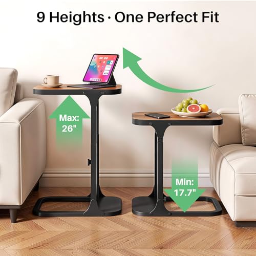 Ultra Stable & Durable End Table, Ajustable Height C Shaped Side Table for Couch, Sofa Side Table with Thickened Metal Frame for Living Room, Bedroom, Rustic