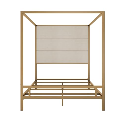 Queen Size Gold Metal Canopy Bed Frame, 76.5" Tall Linen Upholstered Headboard, view 7