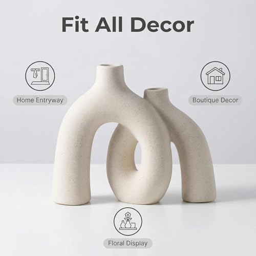 Modern Nordic Boho Vase Set - Elegant Beige Matte Ceramic Vase for Living Room, Bookshelf, Mantel, Entryway Table & Console Decor | Home Decor Shelf Decorations Easter Gift