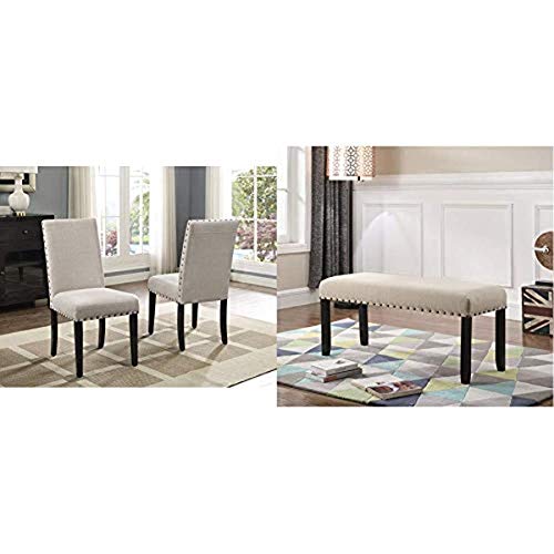 Roundhill Furniture Biony Tan Fabric Dining Chairs with Nailhead Trim, Set of 2, Brown, Tan Biony Fabric Dining Bench with Nailhead Trim, Tan