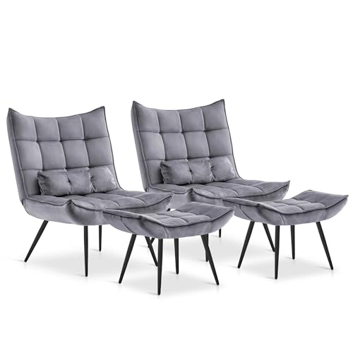 Accent Chair with Ottoman, Set of 2 Modern Velvet Wingback Reading Chair with Lumbar Pillow, Upholstered Lounge Armchair with Footrest for Living Room Bedroom Small Space, 4079 (2, Dark Grey)