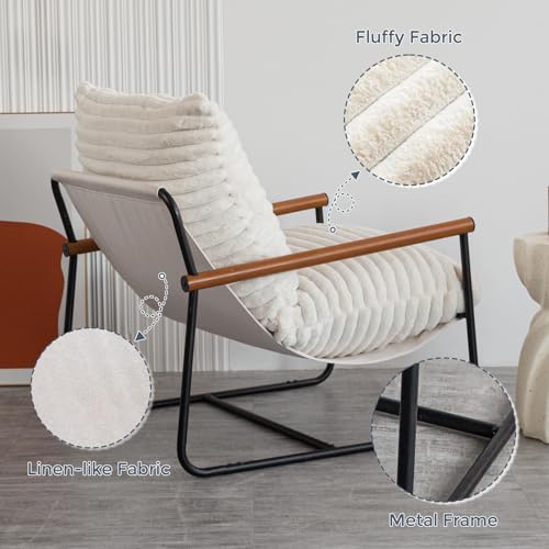 Accent Chair, Sherpa Arm Chair for Living Room, Mid Century Modern Accent Chairs, Boucle Reading Bedroom Chair, Teddy Armchair, Wooden Arms Metal Frame
