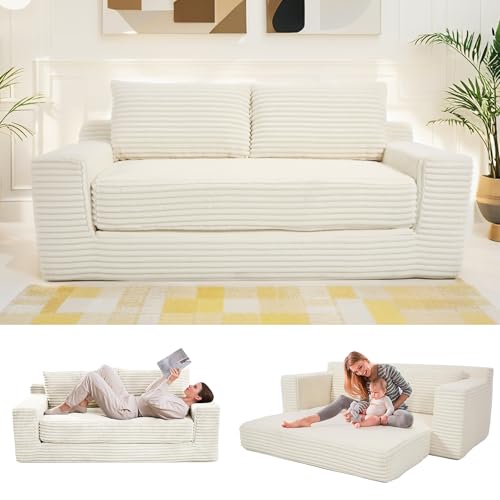 Boneless Couch, 2 in 1 Convertible,71" Corduroy Cloud Loveseat Sofa,Memory Foam Couch in a Box,No Assembly Small Sofa for Living Room,Apartments, Home Office,Bedroom-Beige