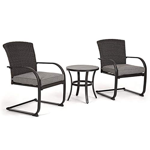 3-Piece Bistro Set, Outdoor Wicker Table Set, Rocking Wicker Chairs with Removable Cushions and Small Coffee Table, Patio Furniture Sets for Balcony, Porch, Grey