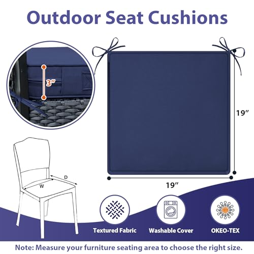 Outdoor Chair Cushions Set of 4 -Waterproof Outdoor Seat Cushions for Patio Furniture, Patio Chair Cushion with Handle and Ties, Square Out Door Chair Pads,19" x 19" x 3", Navy Blue