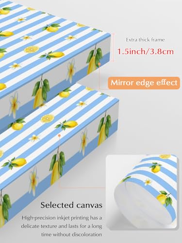 NuYeBiofx Country Lemon Flower Blue Stripe Canvas Wall Art Prints,30"x20" Framed Picture Artwork Farmhouse Fruit Floral Line Printed Canvas Oil Painting for Living Room Bedroom Office,Ready to Hang