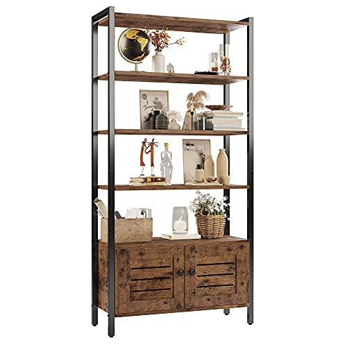 Bookshelf and Bookcase with Two Louvered Doors and Four Shelves, 27.6" Wide Standing Storage Cabinet for Living Room, Home Office, Bedroom, Washroom, Vintage Brown