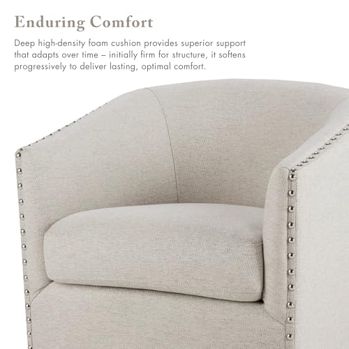 Swivel Barrel Accent Chair, Upholstered Curved Back with 7-Inch Thick Woven Cushion, 360° Swivel, Nailhead Trim, Comfy Chair for Living Room, Bedroom, Office, 28" Wide, Neutral, Tyler