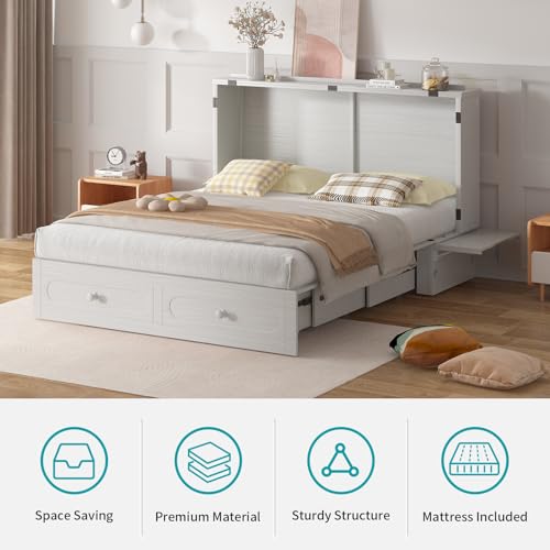 Queen Murphy Bed with USB Charging Station, Murphy Cabinet Bed with Storage Drawer, Space-Saving Hidden Cabinet Chest Beds for Guest Room Living Room, No Mattress, White