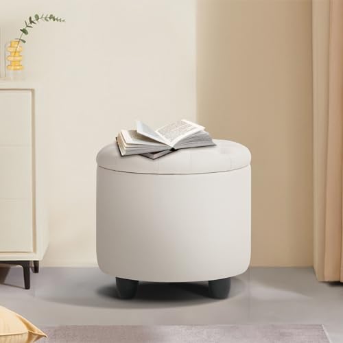 Round Storage Ottoman with Cover Lid Tufted, 19" Round Ottoman with Storage Faux Leather Ottomans for Living Room Bedroom Dorm (Ivory White)