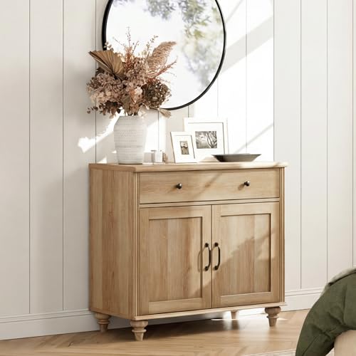 34’‘ Oak Buffet Cabinet with Doors and Drawer, Wood Kitchen Storage Cabinet Modern Farmhouse Coffee Bar Table Sideboard Credenza for Dining Room
