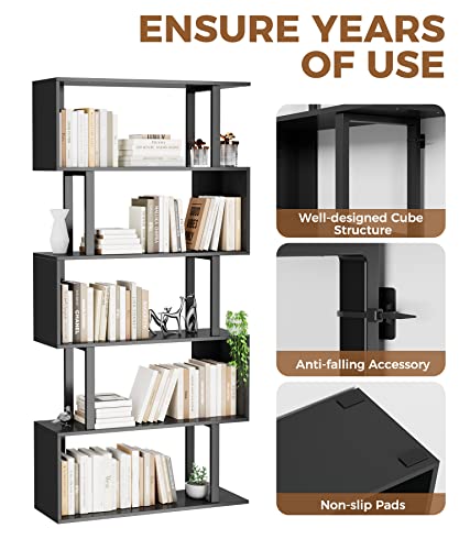 5-Tier Tall Bookshelf, S-Shaped Book Shelf Unit, Black, view 7