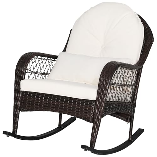 Off white wicker rocking chair with cushions and lumbar pillow, view 2