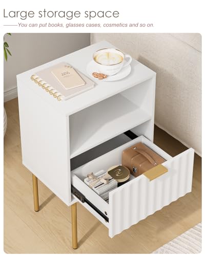 Nightstand,Modern Bedside Table with Gold Frame,White Night Stand,Bedside Furniture, Modern Side Table with Drawer and Shelf for Bedroom,Living Room (White)
