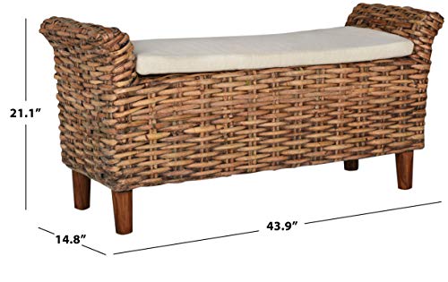 SAFAVIEH Furniture - Palermo Bench - White & Brown - Mango Wood - Coastal Woven Design - Ideal for Entryway, Bedroom, Living Room (FOX6533A)