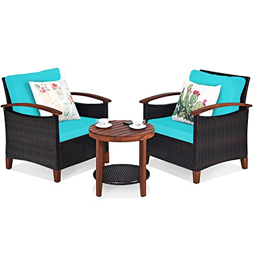 3 Pieces Patio Furniture Set, Outdoor Rattan Sofa and Side Table w/Solid Acacia Wood Frame, High Load Bearing Conversation Bistro Set w/Washable and Removable Cushions (Turquoise)