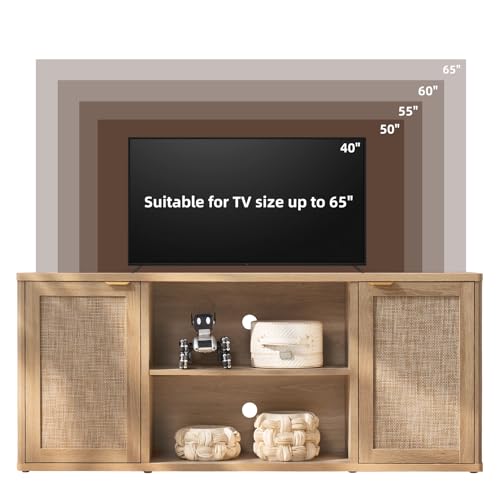 Rattan TV Stands for Living Room, Boho TV Cabinet with Storage and Open Shelf, Rustic Wood Entertainment Center, Media Console for 50-65 Inch TV, Natural Wood