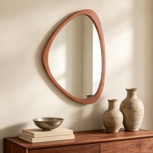 Walnut asymmetrical pebble shaped wooden wall mirror, view 2