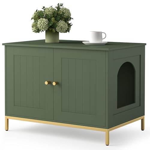 Cat Litter Box Enclosure, Cat Washroom Furniture with Metal Frame, Pet House, Fit Most of Litter Box, Modern Style, Green and Gold