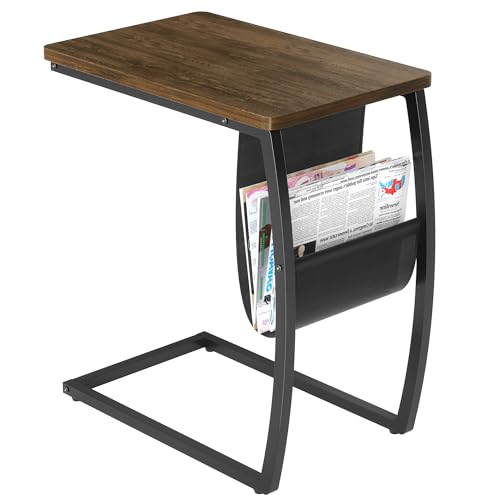 Side Table End Table, Vintage C Shaped Couch Table with Side Pocket for Sofa Laptop Coffee Snack, Walnut